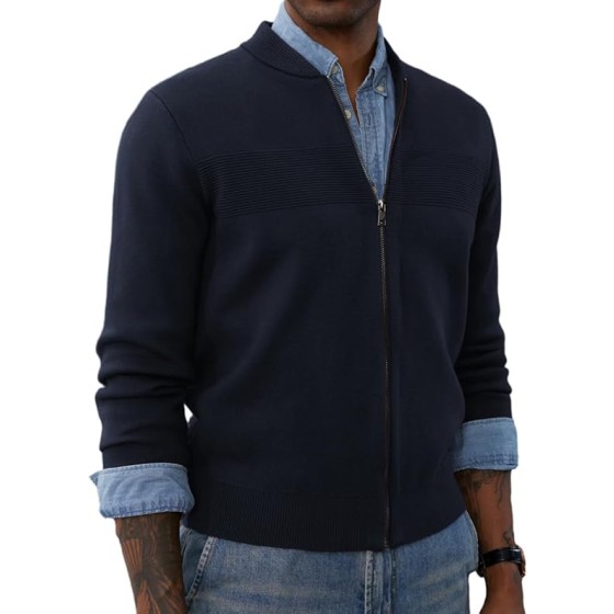 PJ PAUL JONES Mens Full Zip Cardigan Sweater Stand Collar Regular Fit Knit Sweaters