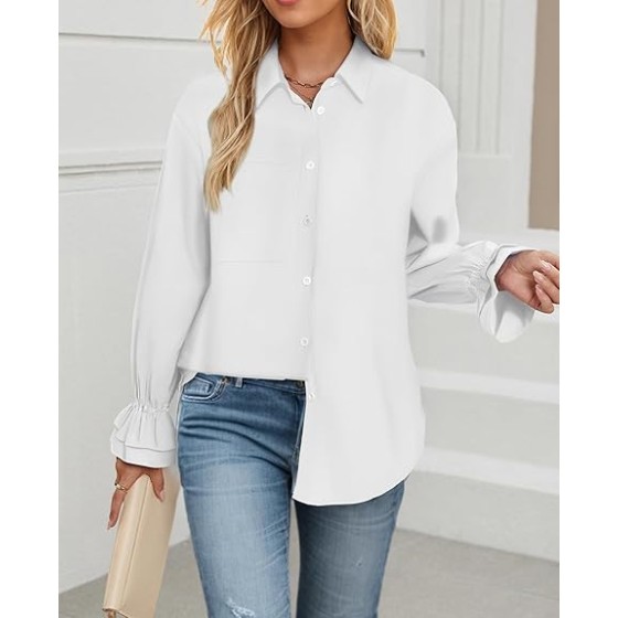 whoinshop Women's Striped Button Down Shirts Oversized Smocked Cuffed Boyfriend Shirt Puff Sleeve Blouse Top with 3 Pockets