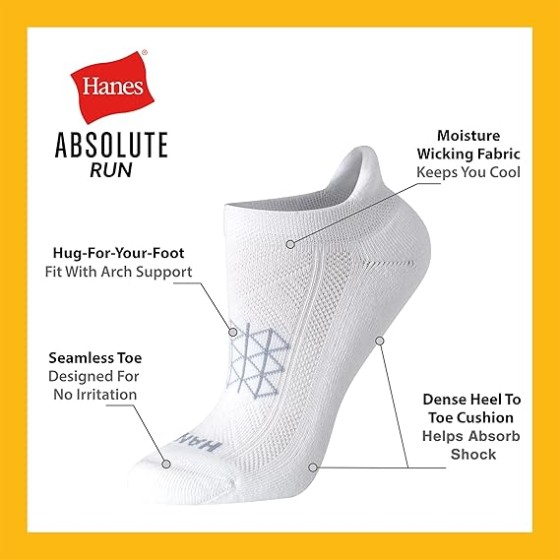 Hanes Women's, Absolute, Breathable No Show Tab Socks for Running, 4-Pack
