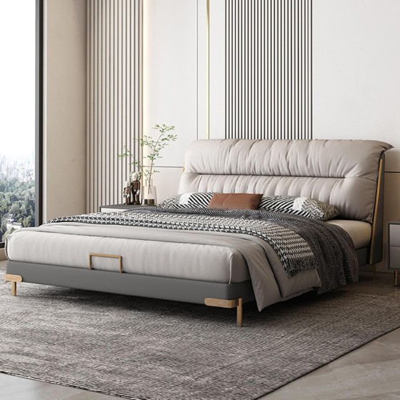 OUDINI Modern and Simple Leather Bed Frame Queen Strong Wood Slats Support No Box Spring Needed Easy Assembly Double Bed