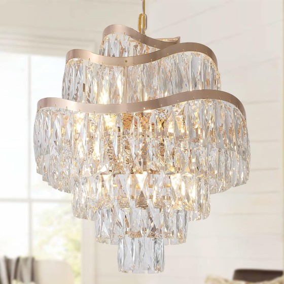 12 Lights 7-Tier K9 Crystal Gold Chandelier 20" Modern Pendant Chandelier Lighting Crystal Light Fixtures for Living Room Dining Room Bedroom Kitchen Foyer Entryway, E12